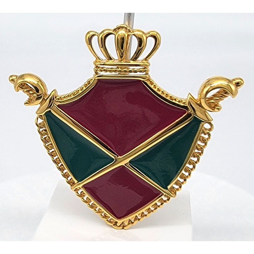 Monet Coat of Arms Brooch Pin Shield Swords Red Green Enamel Gold Tone Vintage